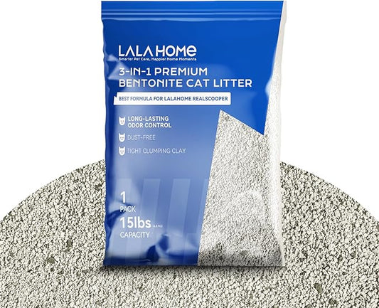 LALAHOME Clumping Cat Litter, Premium Bentonite Cat Litter Sodium-Based, Dust-Free, Strong Durability, Odor Control, Natural Mineral Formula Unscented Litter for RealScooper - 15 lb. Box