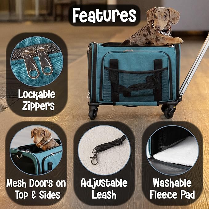 Pet Carrier with Wheels | Delta American Frontier Airline Approved | Two Expandable Sides, Storage Pockets Adjustable Leash | Rolling Dog and Cat Carrier TSA Compliant (Blue 17x12.5x11)
