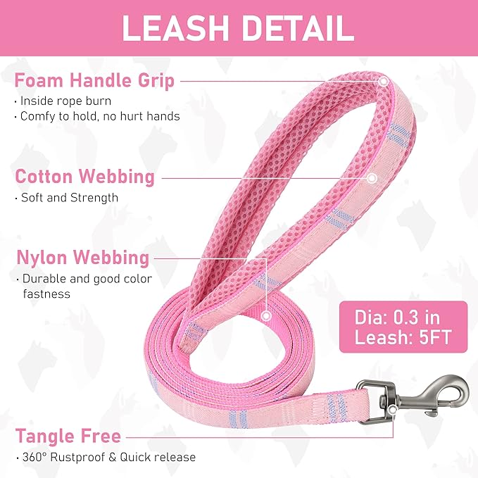 GAMUDA Small Dog Harness Collar and Leash Set, Step in No Chock No Pull Soft Mesh Adjustable Dog Vest Harnesses Plaid Reflective for Dogs Puppy Cats Kitten Rabbit (Pink, XS)