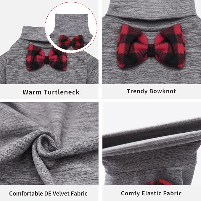 KYEESE Dog Pajamas for Small Dogs Turtleneck Stretchy Dog Pjs Pet Sweater Super Soft Warm Material Dogs Coats with Bowtie Pet Onesie Cold Weather Coat, Grey,XL