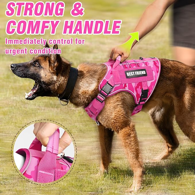 Tactical Dog Harness Small Sized Dog,No Pull Military Dog Vest with Easy Control Handle&Molle,Adjustable Heavy Duty Pet Harness for Hiking Training,Reflective for Night Walking Camo Pink S