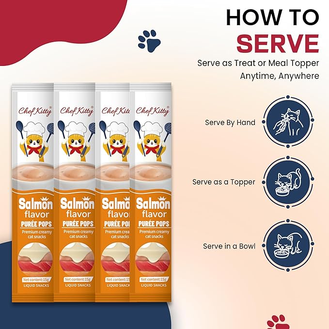 Chef Kitty Purée Pops, Cat Treats, Grain-Free, Lickable, Squeezable Creamy Cat Treat/Topper with Vitamin E & Taurine, 0.5 Ounces Each Tube, 10 Tubes, Salmon Flavor