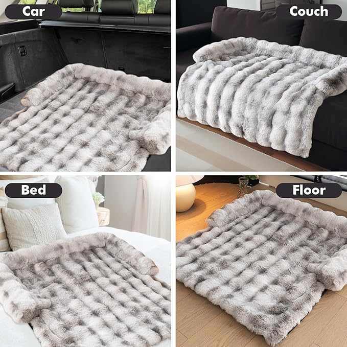 LiveGo Fuzzy Calming Dog Sofa Bed Mat, Washable Plush Couch Cover for Pets, Furniture Protector with Anti-Slip Bottom (Light Gray, 29.5"*29.5")
