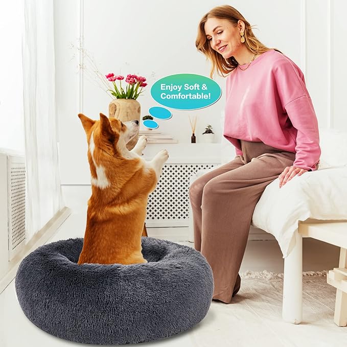 SAVFOX Calming Dog Bed, Anti Anxiety Dog Bed, Plush Donut Dog Bed for Small Dogs, Medium, Large & X-Large, Soft Fuzzy Comfy Dog Bed in Faux Fur, Washable Cuddler Pet Bed, Multiple Sizes XS-XL