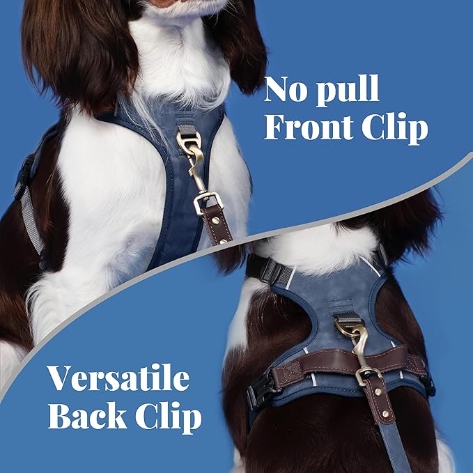 No Pull Dog Harness Medium Sized Dog,Stylish PU Leather Vest with Easy Control Handle,No Choke Front Clip with 2 Metal Leash Clips,Reflective & Adjustable for Walking,Blue,Chest 22-29"