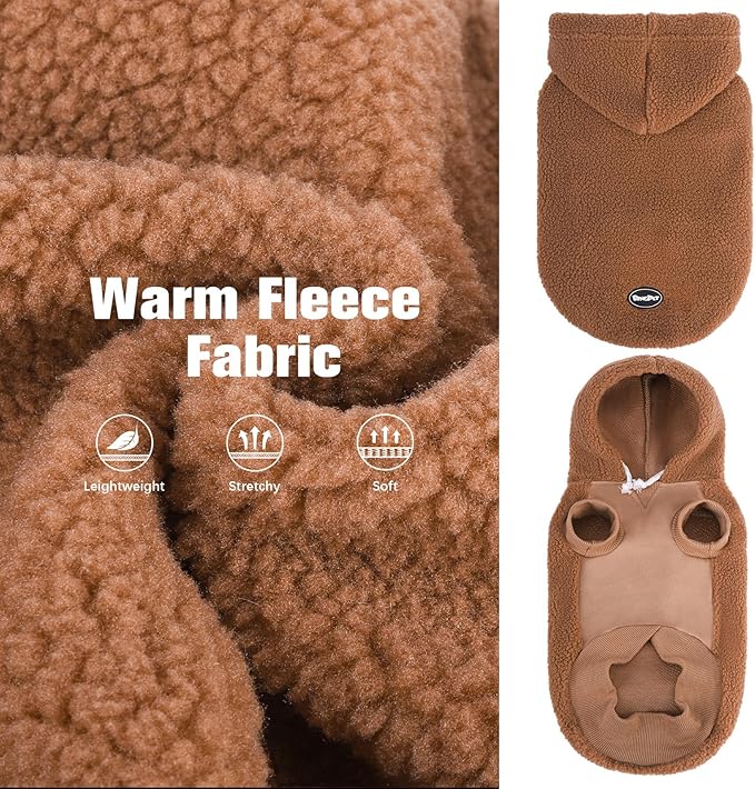 BINGPET Dog Hoodie with Leash Hole - Warm Fleece Dog Sweater with Hood for Cold Weather - Winter Coat for Puppy Small Medium Large Dogs Boy and Girl(Brown,S)