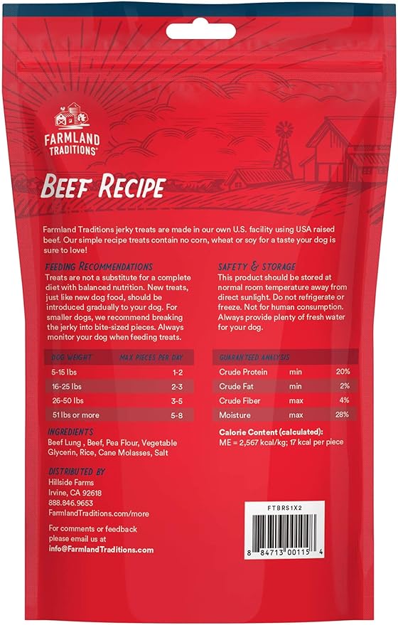 Farmland Traditions Beef Recipe Jerky Dog Treats, High-Protein Dog Jerky Sticks, Wheat-Free & Made in USA for All Breeds & Sizes, 14 Oz Bag