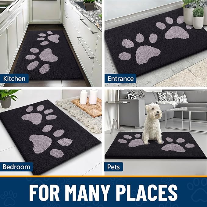 Smiry Dog Door Mat for Muddy Paws 30x20, Dirt Trapper Non Slip Washable Indoor Doormats, Absorbent Entryway Carpet for Inside Floor, Black and Grey