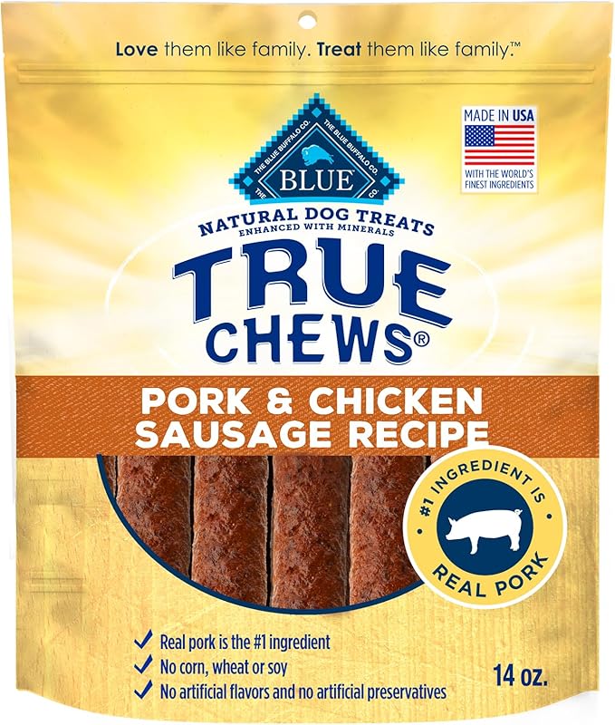 Blue Buffalo True Chews Dog Treats, Made in The USA with Natural Ingredients, Pork and Chicken Sausage Recipe, 14-oz Bag