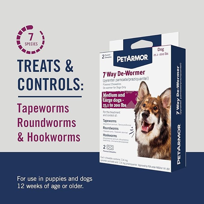 PetArmor 7 Way De-Wormer for Dogs, Oral Treatment for Tapeworm, Roundworm & Hookworm, Large Dog Dewormer (Over 25 lbs), Worm Remover (Praziquantel & Pyrantel Pamoate), 6 Flavored Chewables