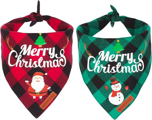 ADOGGYGO 2 Pack Dog Bandana Christmas Classic Plaid Pet Scarf Triangle Bibs Kerchief Merry Christmas Santa Snowman Bandana for Small Dogs Cats (Small)