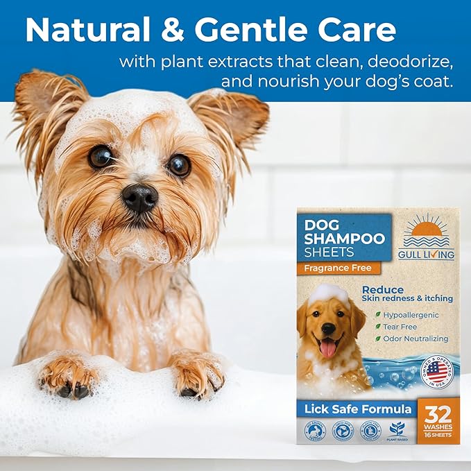 Gull Living 32 Washes Dry Shampoo Sheets for Dogs and Puppies - Water Activated Hypoallergenic Dog Shampoo Sheets - Lick-Safe, Tear-Free, Plant-Based Formula - Portable & Travel-Friendly, Easy to Use