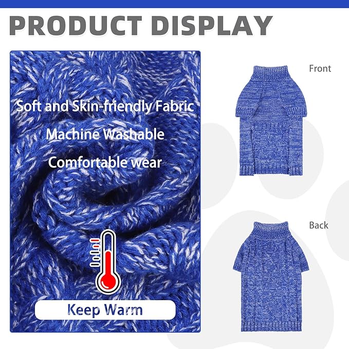 KOOLTAIL Dog Sweater for Large Medium Small Dogs, Fall Dog Sweaters, Turtleneck Cable Knitwear Pet Cold Weather Coats with Leash Hole, Warm Winter Pullover Clothes for Bulldog, Yorkie,Boy Girl,Blue SM