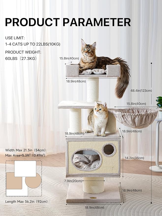 Maine Coon Cat Tree for Indoor Cats Large Adult,Modern Cat Tower for Extra Large Cats 20 lbs+,Heavy Duty Cat Tree with Sisal Scrathing Post,Hammock,Perch,Condo,Bed (Beige)