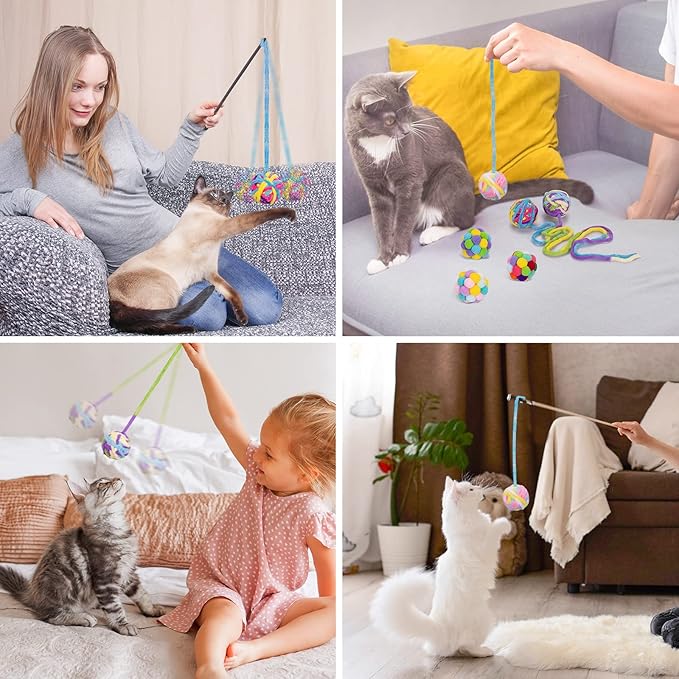 Retro Shaw Cat Toys Balls, 6Pcs Woolen Yarn Cat Ball Toy with Bell Inside, Christmas Kitten Toys for Indoor Cats Kitty, Chew Toys Jingle Pompom Ball with String