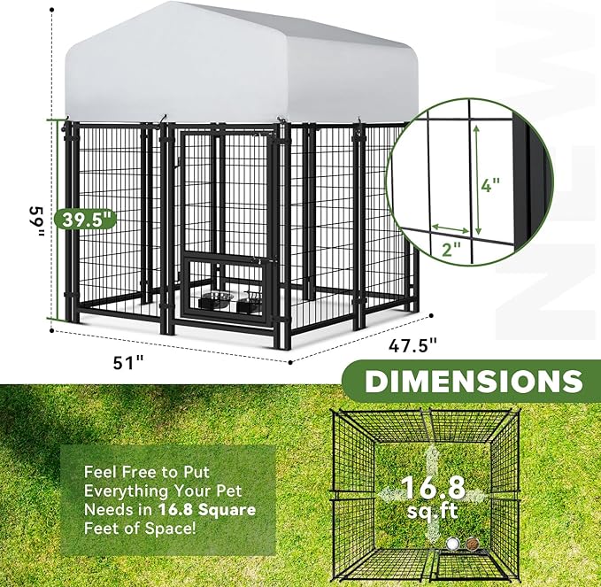 Vagger 4x4x5FT Outdoor Dog Kennel for Large Dogs,Extra Large Welded Wire Fence Playpen for Outside,Newly Upgraded Security Door Lock and Panel Connector/UV-Resistant Waterproof Roof Cover