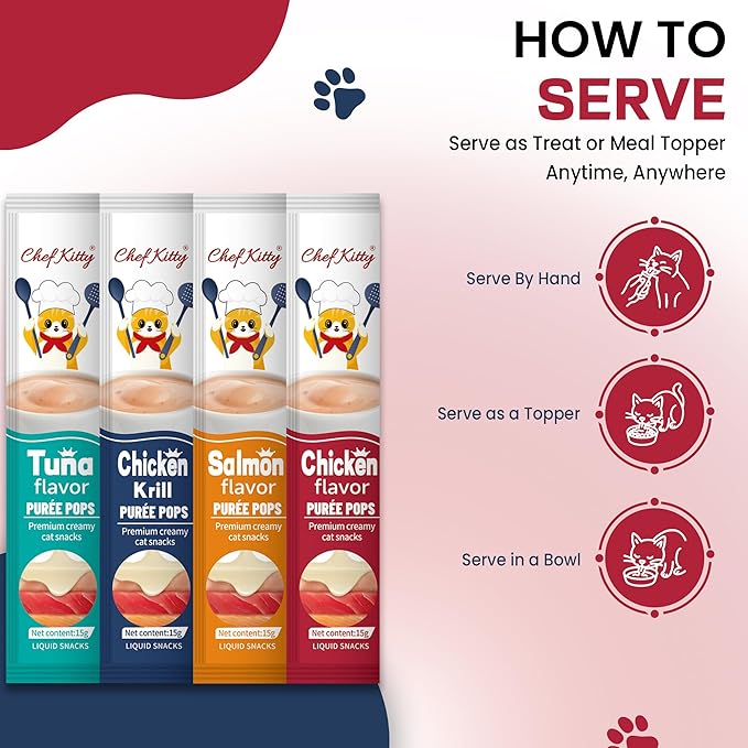 Chef Kitty Purée Pops, Cat Treats, Grain-Free, Lickable, Squeezable Creamy Cat Treat/Topper with Vitamin E & Taurine, 0.5 Ounces Each Tube, 10 Tubes, Chicken and Seafood Mix Variety