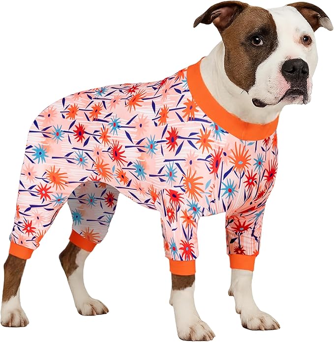 LovinPet Large Dog Clothes Female, Long Sleeve Shirt for Dogs, Anti Licking Dog Pajamas,Stretchy Comfy Fabric, Wildflowers Flame Print, Pajamas for Pitbulls, Onesies for Dogs, Pitbull Clothes,2XL