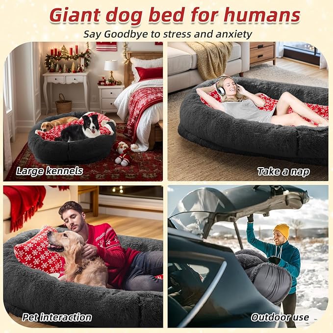 Human & Pet Bed, 71'x45'x12' - Washable Faux Fur Orthopedic Dog Bed, Plump Pillow & Blanket - Dark Grey