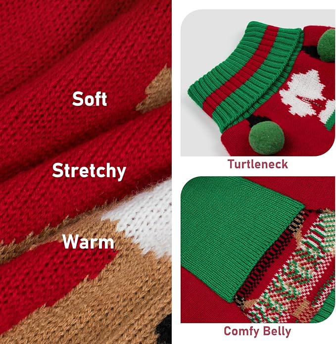 KYEESE Dog Christmas Sweater with Reindeer Pattern, Cozy Festival Dog Sweater for Small Dogs, Winter Holiday Doggie Knitwear Outfit with Leash Hole, Warm Soft Pet Clothes, Medium