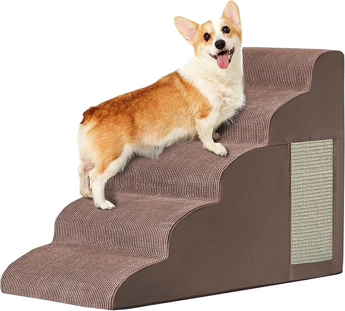 Pet Stairs, Dog Stairs for Small Dogs, Dogs Steps, 5-Step Curved Dog Ramp for Bed, Couch, Sofa, Car and Chair, Non-Slip Bottom Design, Cat Scratching Board, High Density Foam Portable Pet Step, Coffee