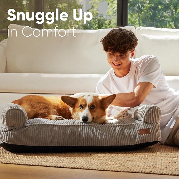 FUKUMARU Cute Dog Bed, Waterproof Corduroy Dogs Couch, 36in Orthopedic Pet Sofa for Medium to Large Dogs Dog, Warm Cotton Pet Bed with Washable Cover, Large, Grey