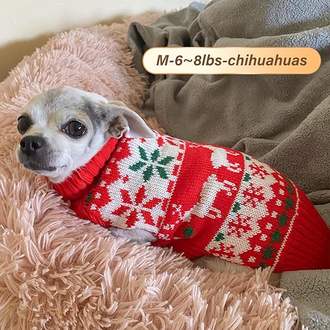 KYEESE Dog Christmas Sweater, Warm Turtleneck Dog Sweater for Small Dogs Boy Girl with Snowflake & Reindeer Pattern, Cozy Winter Doggie Knitwear with Leash Hole, Festive Holiday Outfit, Medium