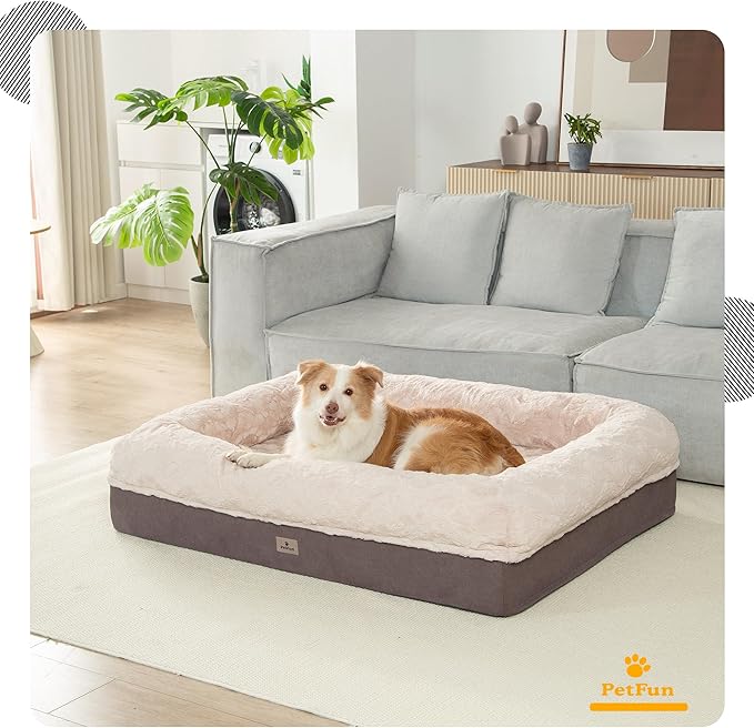 Memory Foam XL Dog Bed for XLarge Sized, Extra Large Orthopedic Dog Sofa with Sides and Waterproof Liner, Washable Bolster Pet Bed Couch with Removable Cover, 60x43x13 Inch, Khaki