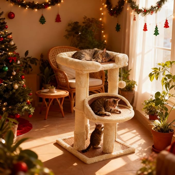 Multi-Level Cat Tower with Scratching Posts, Cat Tree with Double Cat Bed & Hanging Toys, Cute Climbing Tower with Sisal Scratcher for Kittens & Adult Cats, Cream White