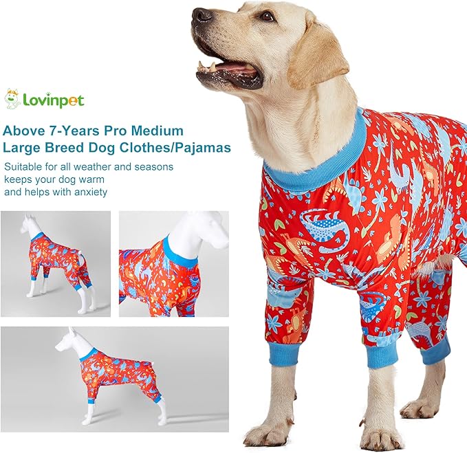 LovinPet Pitbull Dog Pajamas, Large Dog Onesies for Surgery Care, Lightweight Stretchy Knit Fabric, Dinosaur Jungle Red Print, Pet Clothes, UV Protection, Pet Anxiety Relief, PJ's for Dogs, L