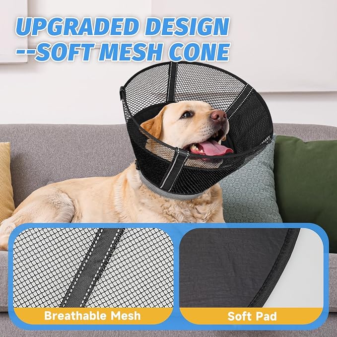 Dog Cone Collar to Stop Licking: Soft Mesh Recovery Collar After Surgery with Detachable Pad, Elizabeth Cone Alternative for Large Medium, Small Dogs, Normal Eating and Drinking (XL, Jet Black)
