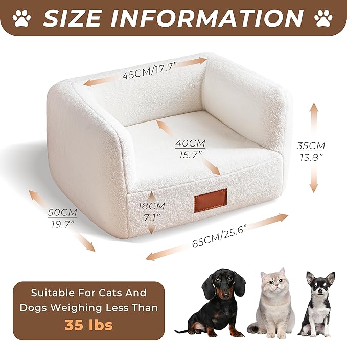 White Faux Shearling Dog Couch Bed for Small Dogs Cats Under 35 lbs, 25.6 Inch Modern Elevated Cat Sofa with Leather Nameplate, Indoor Furniture Style Cute Raised Pet Sofa Bed (Small)