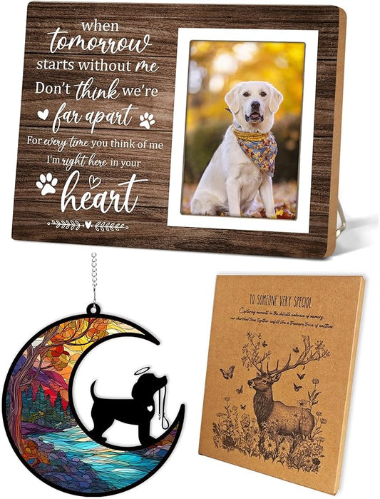 Memorial Picture Fram&Dog Memorial Suncatcher Gift Set, Pet Picture Frame, Sympathy Gifts for Loss of Loved Pet, Bereavement Gifts for Loss of Dog, Remembrance Photo Frame or Memorial Gift, Fits 4x6In Photo(GXK02)