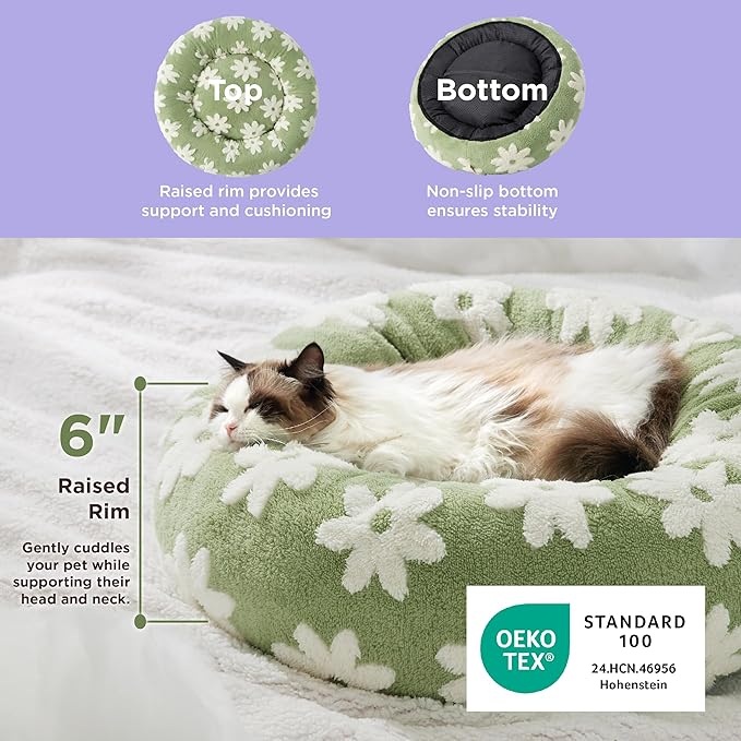LE SURE Donut Small Dog Bed - Round Cat Beds for Indoor Cats Calming Pet Beds, Cute Modern Beds with Jacquard Shaggy Plush & Anti Slip Bottom, 20 Inch, Green,XS (20x20x6)