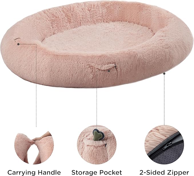 Bedsure Memory Foam Human Dog Bed, 72"x48"x12" Calming Giant Human Dog Bed for Adults People Fits Pet Families with Storage Pocket, Fluffy Faux Fur Orthopedic Dog Bean Bed, Pink