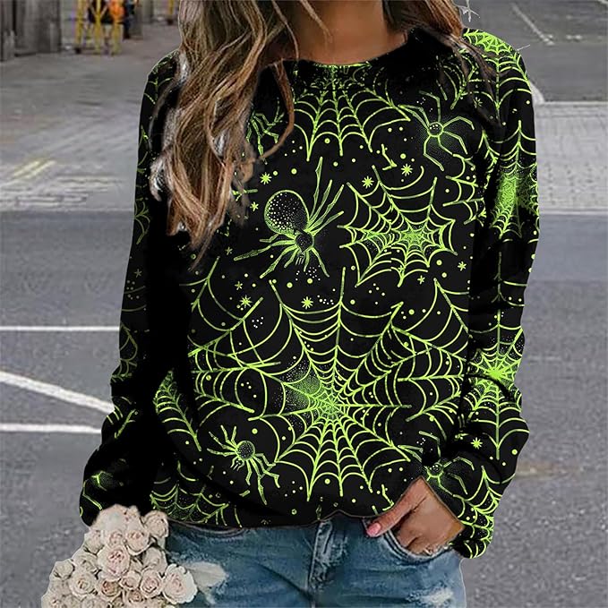 MARSVOVO Fall Sweatshirt for Women Novelty Spider Web Shirt Dressy Casual Crewneck Tunic Tops Spring Graphic Pullover