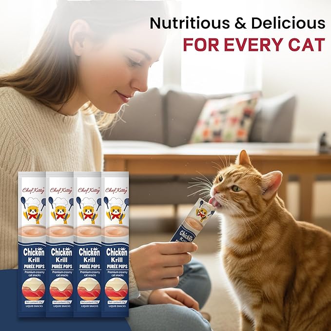 Chef Kitty Purée Pops, Cat Treats, Grain-Free, Lickable, Squeezable Creamy Cat Treat/Topper with Vitamin E & Taurine, 0.5 Ounces Each Tube, 10 Tubes, Chicken with Krill Recipe