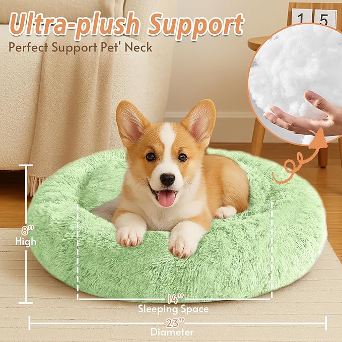 JOLLYVOGUE Small Dog & Cat Beds for Indoor Cats, Donut Cuddler Warming Soft Dog Beds with Anti-Slip Bottom, Round Calming Fluffy Plush Faux Fur Cushion Bed for Small Dogs (23", Light Green)