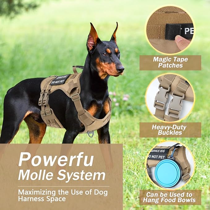 No Pull Tactical Dog Harness for Small Dogs, Escape Proof Molle Dog Vest Harness and Leash Set, Adjustable Military Service Dog Harness with Handle for Medium Large Dogs(Brown, Small)