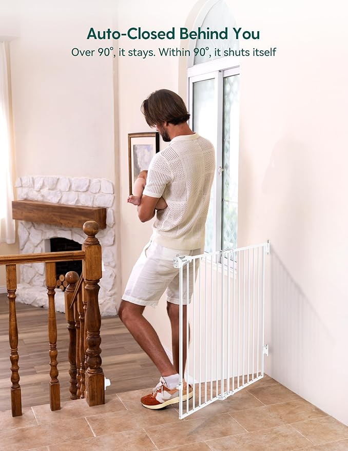 Babelio Baby Gate for Stairs, Kitchen & Doorways, No Bottom Bar| Easy Installation| One-Handed Operation| Auto-Close| Hardware Mount (Drill Needed) Safety Dog Gate (White-B17, 29-49" W, 28" H)