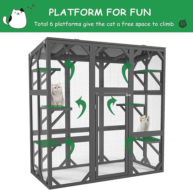 Ball & Cast 59" Wooden Catio Enclosure Outdoor Cat House with Anti-UV& Waterproof, Platforms and Resting Boxes Walk-in Cat Kennel Shelter for Indoor,Dark Grey