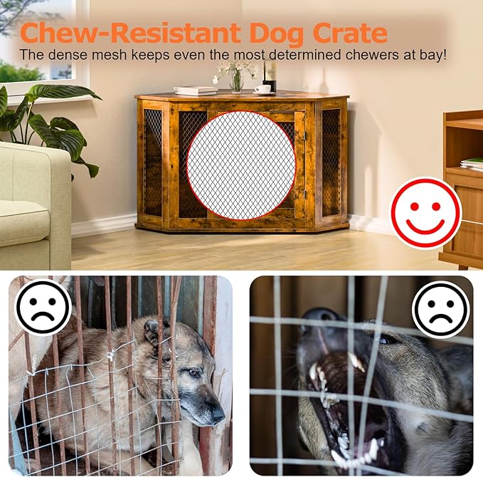 Corner Dog Crate Furniture, 44" Wooden Dog Kennel Furniture End Table with Mesh, Dog Kennel Indoor Furniture for Small Medium Dogs, Modern Decorative Wood Pet House Dog Cage Crate, Brown