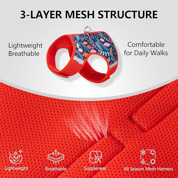 Dog Harness for Small Sized Dog,Hook-and-Loop Easy On/Off, Reflective Adjustable Soft Mesh Vest for Puppy (Navy Floral Print,M)