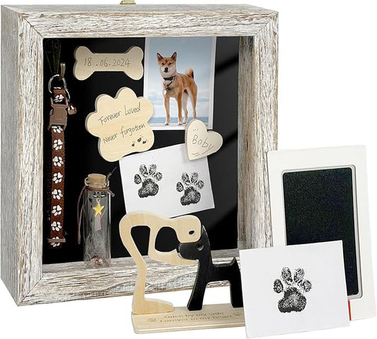 Dog Memorial Shadow Box Gift Pet Memory Display Case Wooden Picture Frame Pet Paw Ink Kit Glass Fur Jar Pets Keepsake Holder for Passed Away Dogs Cats idea Gifts for Pet Lover (White Dog Frame)