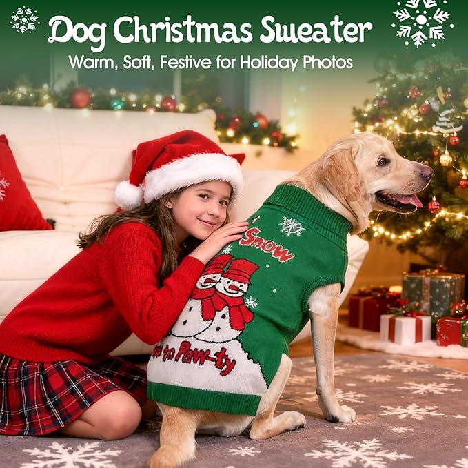 IECOii XL Christmas Dog Sweater for Large Dogs Girl Boy, Xmas Dog Turtleneck with Leash Hole, Sleeveless Easy On Knitted Sweater Holiday Snowman Snowflake Pattern for Christmas Family Photo, Green,XL
