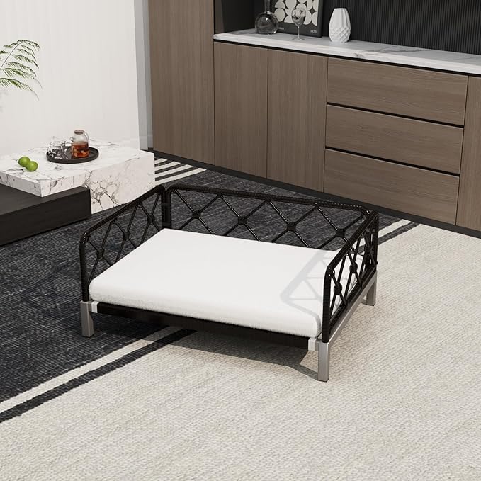 Wicker Dog Bed with 2" Cushion,Rattan Dog Sofa Bed for Small Medium Dogs– Indoor/Outdoor Metal Frame Pet Bed up 66lbs(Black Rattan White Cushion)