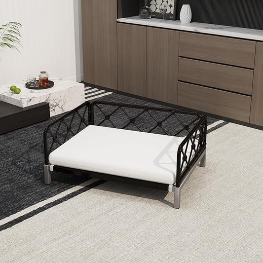 Wicker Dog Bed with 2" Cushion,Rattan Dog Sofa Bed for Small Medium Dogs– Indoor/Outdoor Metal Frame Pet Bed up 66lbs(Black Rattan White Cushion)