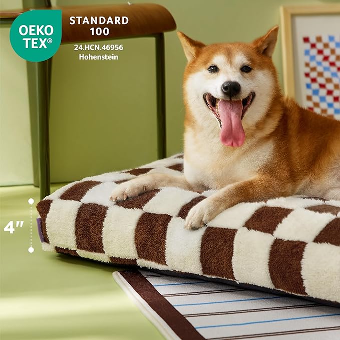 LE SURE Large Dog Beds-Thick Shredded Chopped Foam Pet Bed Indoor with Removable Cover, Cute Modern Fuzzy Plush & Anti Slip Bottom, Brown