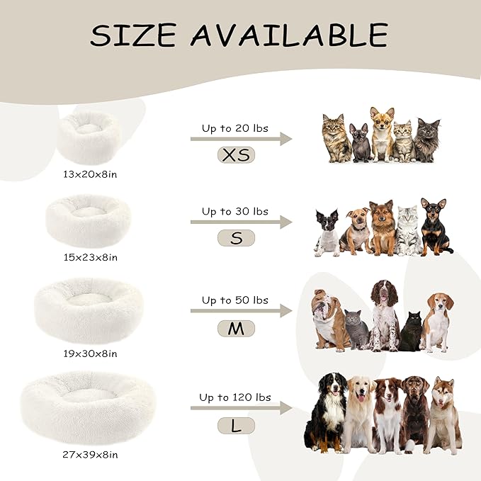 39'' inch Calming Dog Bed, Anti-Anxiety Donut Bed for Medium Large Dogs, Warming Cozy Soft Cute Round Washable, Marshmallow Cuddler Nest Puppy Dogs and Cats Bed, White