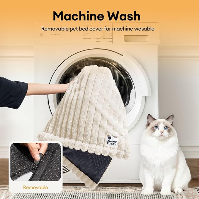 FUNNY FUZZY Self Warming Cat Bed, Waterproof Corduroy Fleece Warm Self Heating Pad for Cats & Dogs, Non-Skid Thermal Pet Mat Indoor with Removable Washable Cover - ThermoPad, 31.5"×25", Cream White